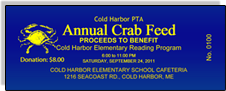 Cold Harbor PTA - Annual Crab Feed - Proceeds to Benefit Cold Harbor Elementary Reading Program - Dark Blue Sample Ticket